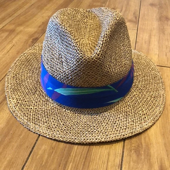 Vintage Golden Gate Woven Straw Fedora Hat with floral band, Size M - Picture 2 of 9